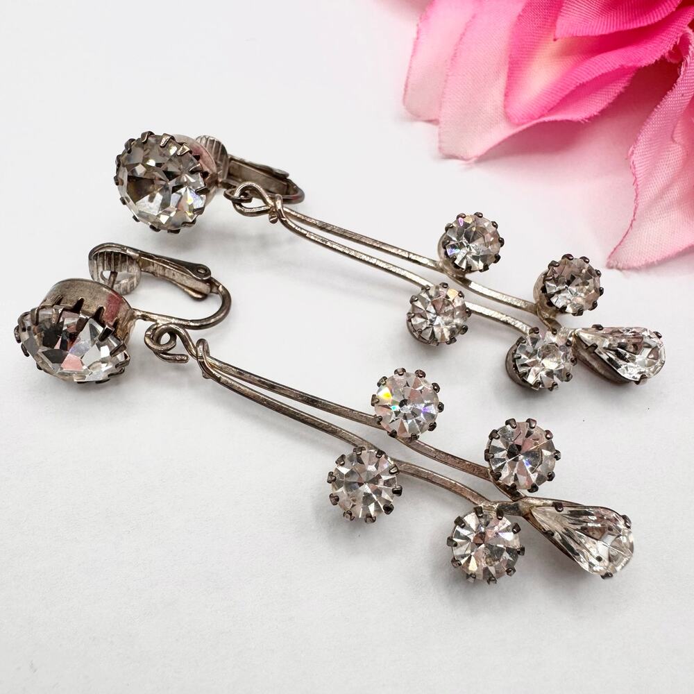 Big Vintage Crystal Rhinestone Drop Earrings Converted To Pierced Prong Set Glam